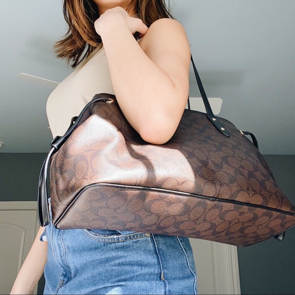 Coach Handbags - COACH Canvas Brown Leather Tote